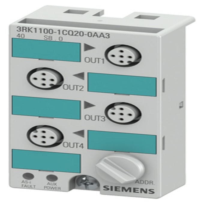 SIEMENS 3RK1100-1CQ20-0AA3 AS-INTERFACE COMPACT MOD. K45, IP67, DIGITAL, 4 OUTPUTS, 4 X OUTP., ELECTR.,1.0A, DC 24V 3AMAX. FOR ALL OUTPUTS 4 X M12 SOCKET