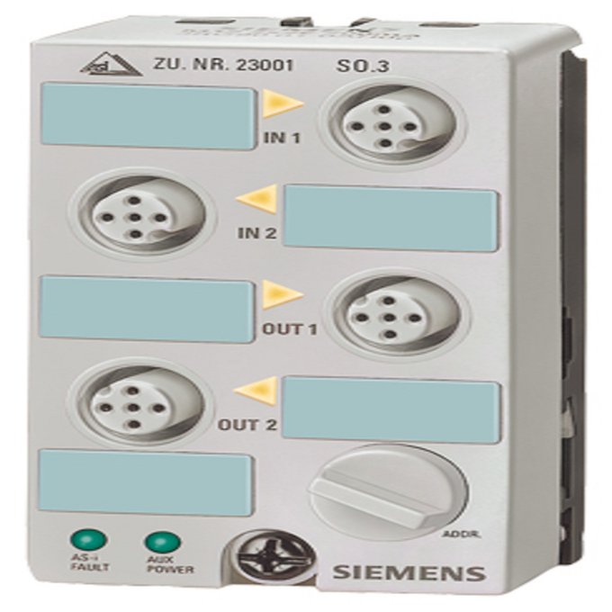 SIEMENS 3RK1400-1BQ20-0AA3 AS-INTERFACE COMPACT MOD. K45, IP67, DIGITAL, 2 IN-/OUTPUTS, 2X1 INPUT, 200MA MAX., PNP, 2 X 1OUTP., ELECTR.,1.5A,DC 24V 3A MAX. FOR ALL OUTPUTS 4 X M