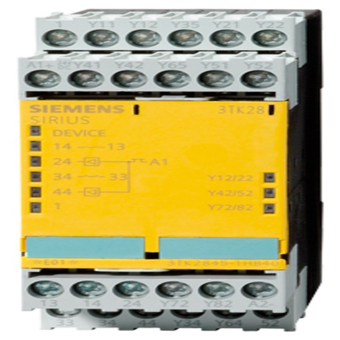SIEMENS 3TK2845-1HB40 SIRIUS SAFETY RELAY  WITH REL.- U. EL. RELEASE CIRCUIT (RC), DC 24V, 45.0MM, SCREW TERMINAL,  RC INSTANT.: 4S,  RC DELAYED: 0, MK: 1, AUTO- U. MONITOR