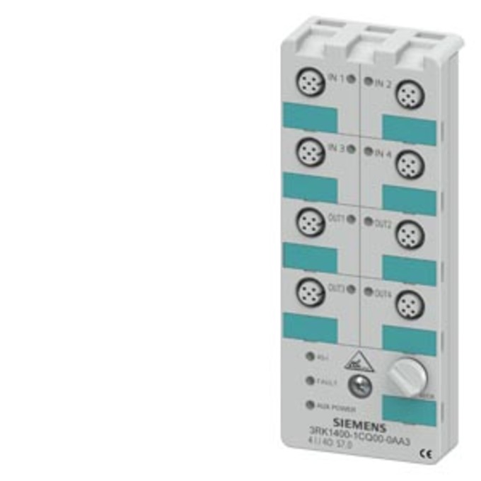 SIEMENS 3RK1400-1CQ00-0AA3 AS-INTERFACE COMPACT MOD. IP67, DIGITAL, 4I/4O, 4 X 1 INPUT, 200MA MAX., PNP 4 X 1 OUTPUT, 2A, DC 24V 8 X M12 STANDARD SOCKET TO CONNECT THE INPUTS/OU