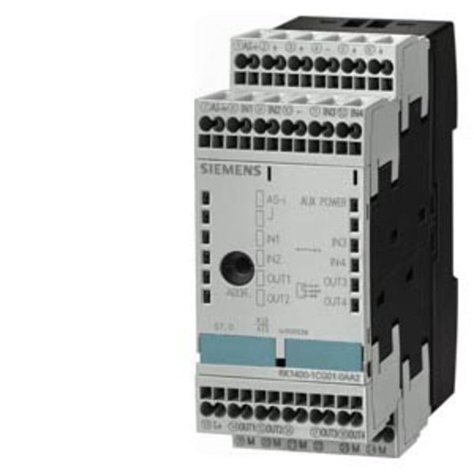 SIEMENS 3RK1402-3CG00-0AA2 AS-INTERFACE SLIMLINE MOD. S45, DIGITAL, 4I/4OR, 2/3-WIRE, IP20 4 X 1 INPUT, 200MA, PNP, 4 X 1 OUTPUT, RELAY, CAGE-CLAMP, MODULE WIDTH 45 MM