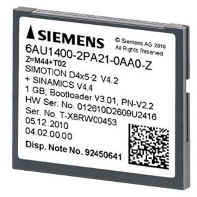 SIEMENS 6AU1400-1PA22-0AA0 SIMOTION DRIVE-BASED 1 GB COMPACT FLASH CARD D410-2; SIMOTION FW/KERNEL V4.3.X; SINAMICS FW V4.5.X; HINWEIS: NICHT FUER SIMOTION D410, D4X5 UND D4X5-2